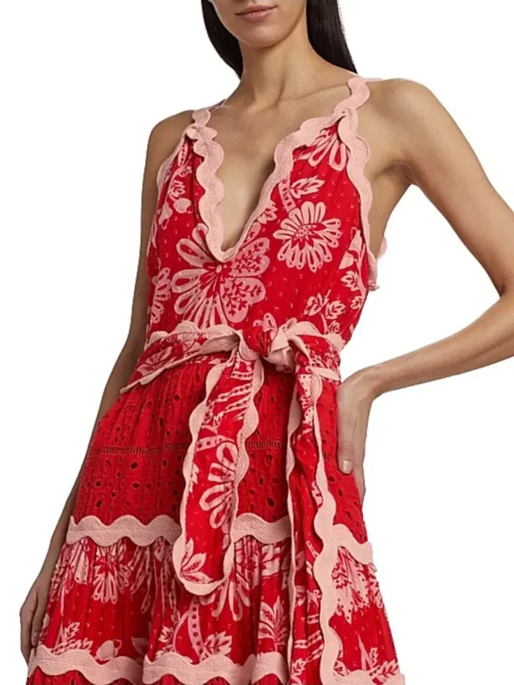 FARM RIO Flowerful Birds Maxi Dress XL NWT Red Pink Eyelet Lace V-Neck Plunge - Picture 5 of 13